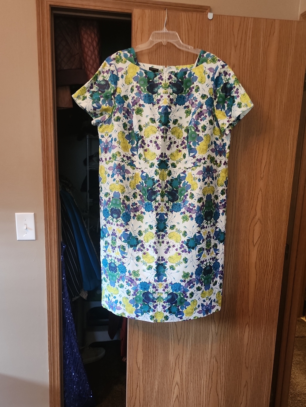 Talbots Floral Short-Sleeve Shift Dress in Blue, Green & Yellow